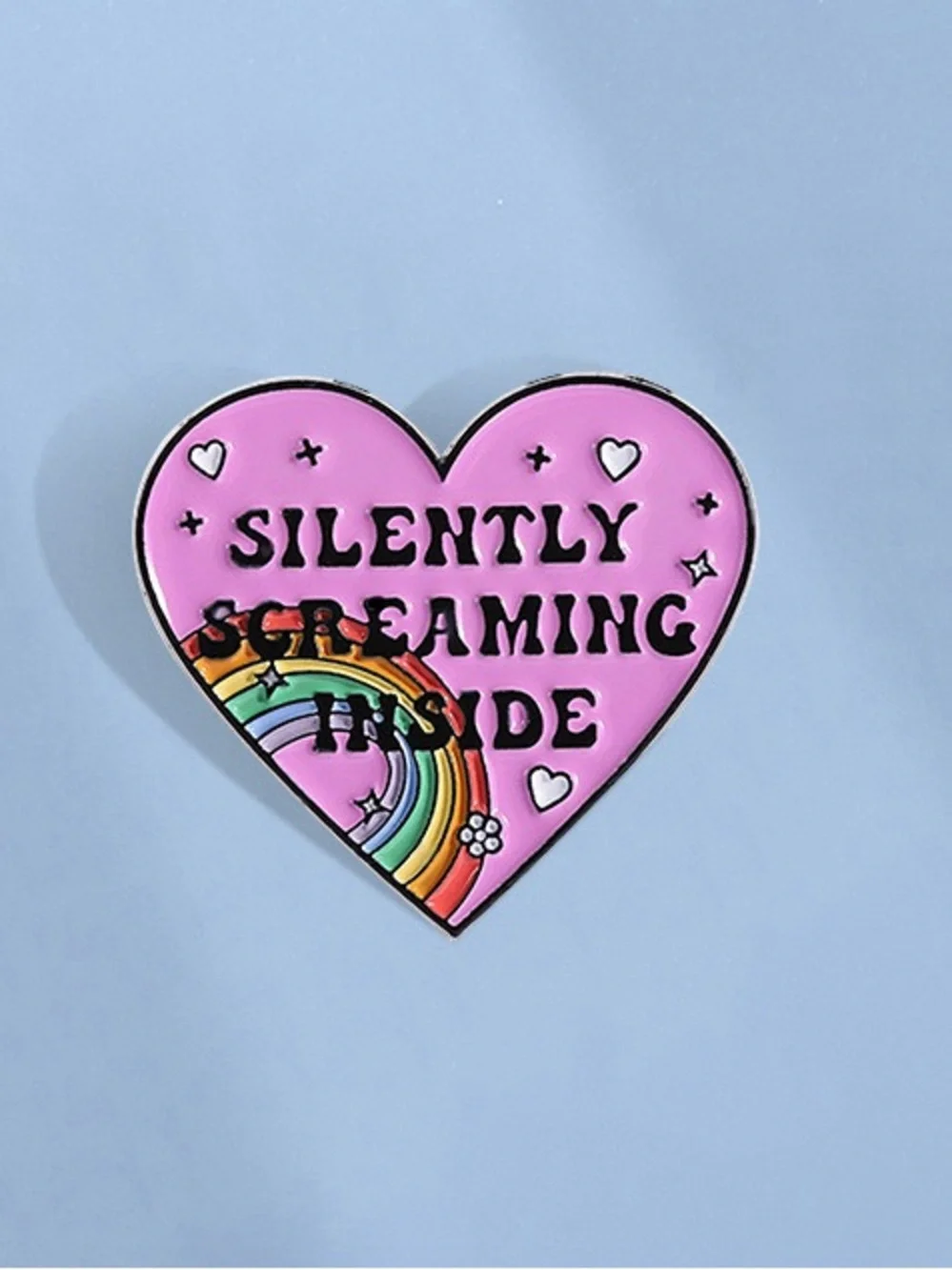 Funny “Silently Screaming Inside” Heart Enamel Pin – Cute Rainbow Mental Health.